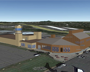 Rendering of Leesburg Executive Airport terminal building with ATC tower